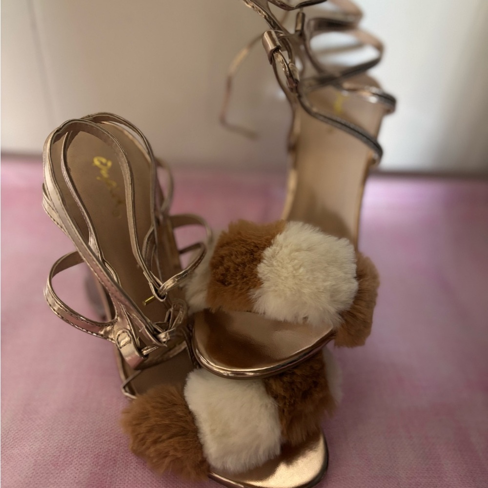 Chic Women's Metallic Strappy Heels with Fur Accents